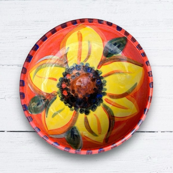 Orange Sunflower Pottery Bowl with a Crackle Glaze - Picture 5 of 15